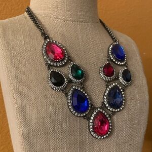 Chunky Multicolor Statement Bib Necklace - Gunmetal
